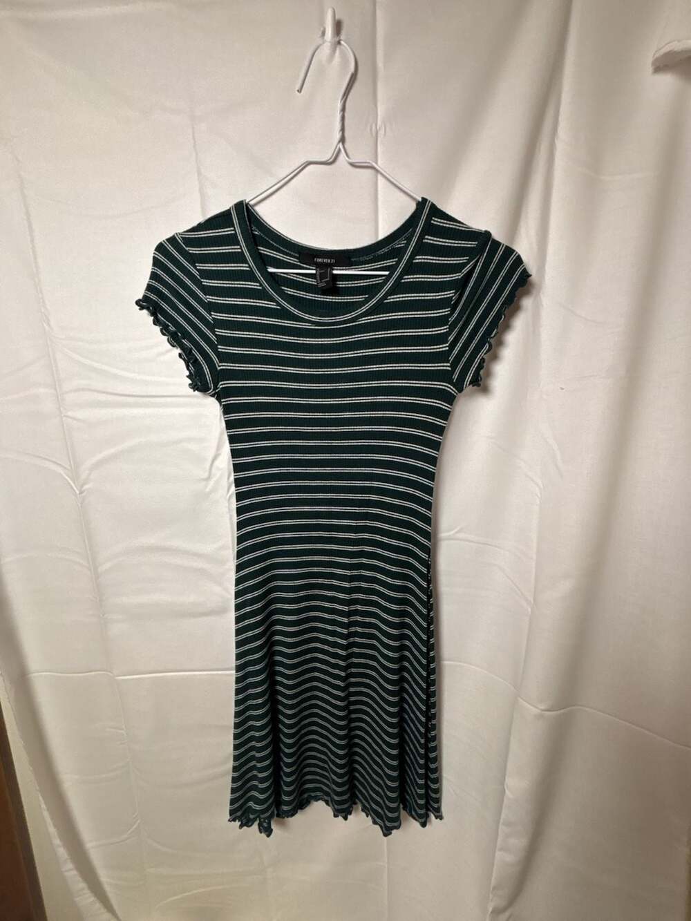 Forever 21 Green and White Striped Ribbed Lettuce-Edge Dress